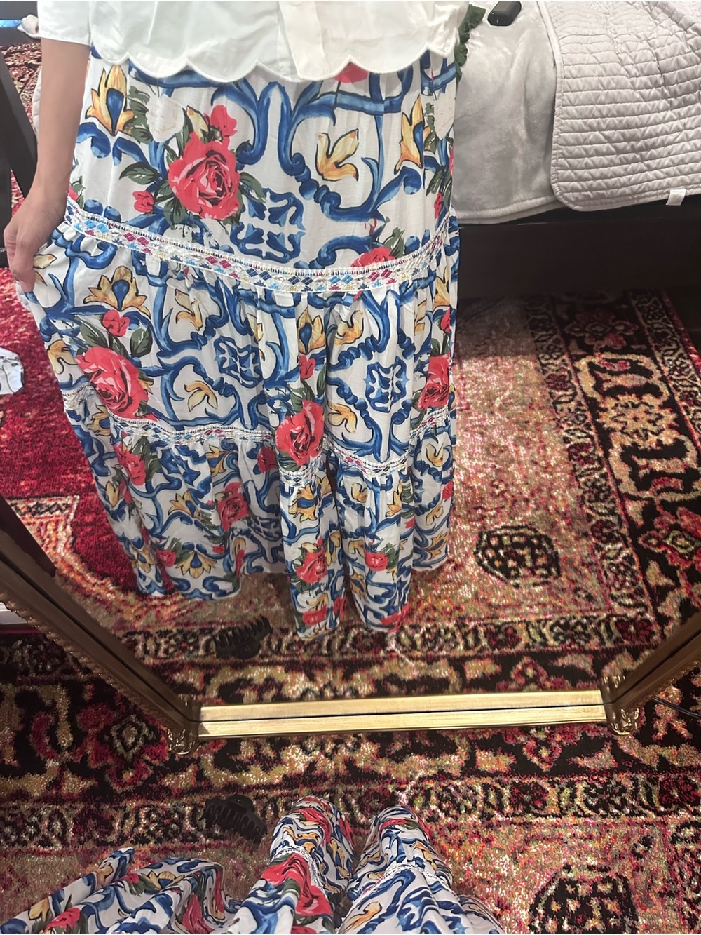 SHEIN White Maxi Skirt with Blue Tile & Red Rose Print